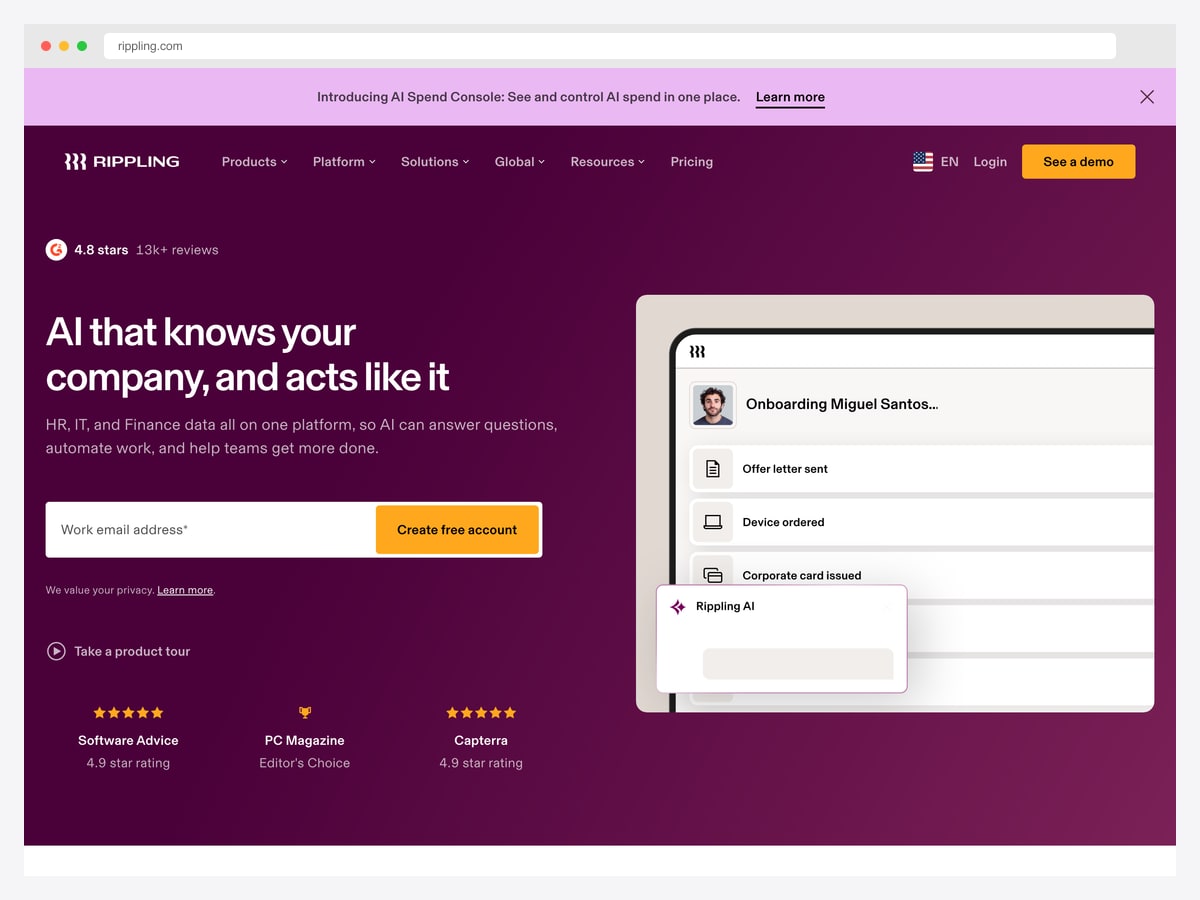 Rippling landing page showing an onboarding workflow panel with offer letter, device order and corporate card steps