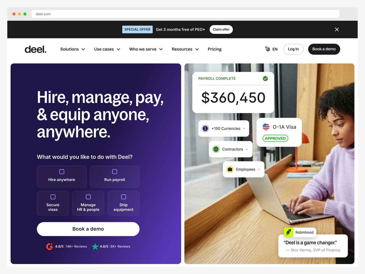 Deel landing page with a task-selector hero offering hire, run payroll, secure visas and manage HR paths