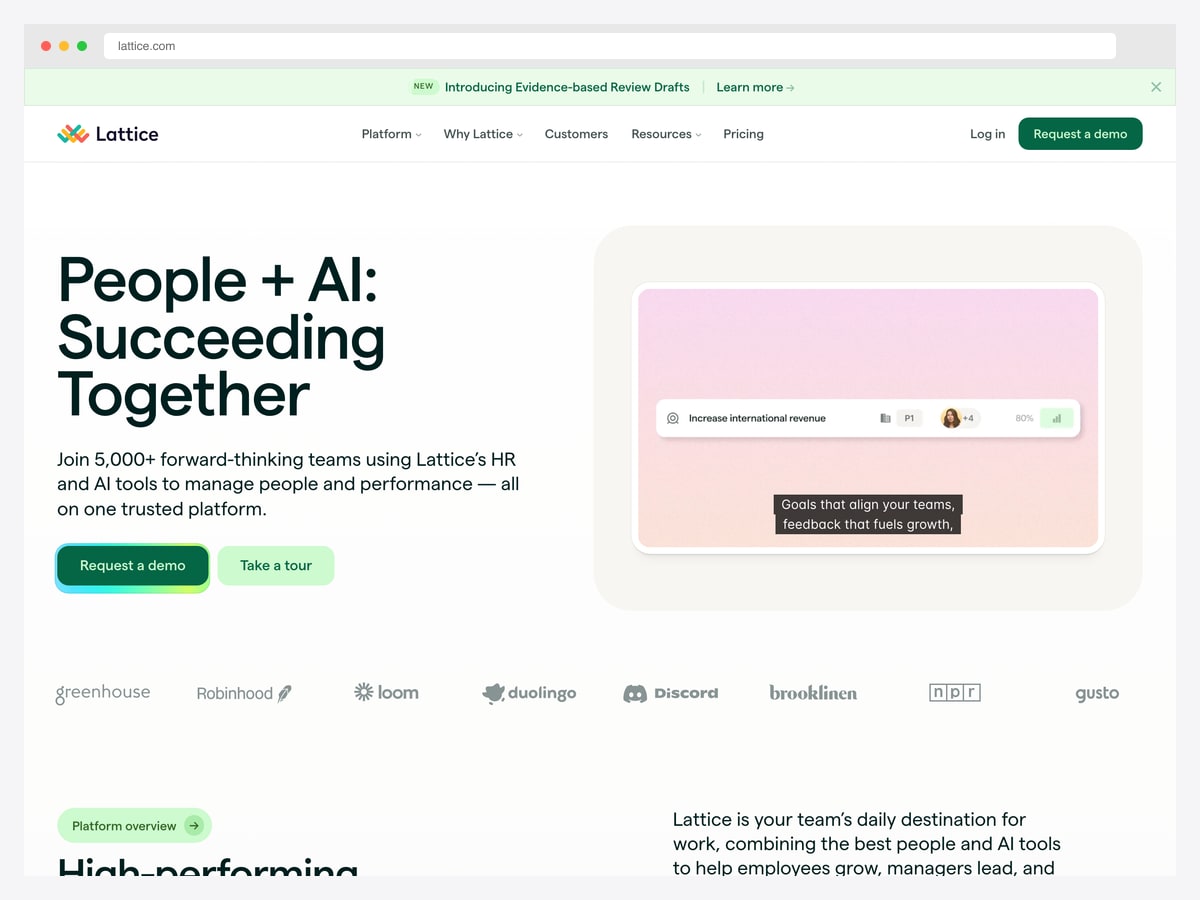 Lattice landing page showing a goal-tracking card with owner avatars and progress, above a customer logo wall