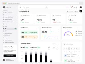 HR dashboard template with total employees, attendance rate, leave requests and average KPI cards, attendance overview and a work calendar