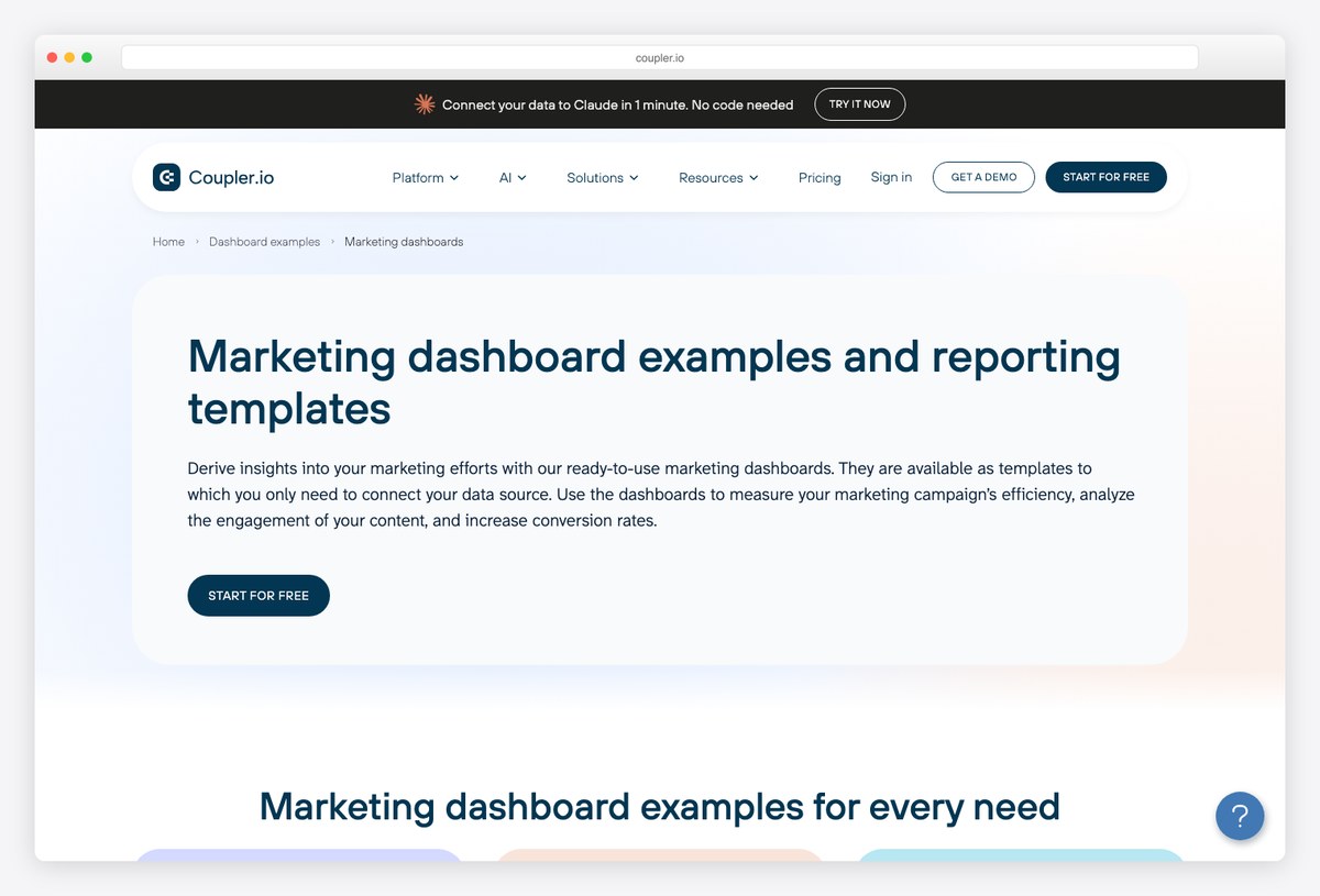Coupler.io marketing dashboard gallery with templates for Looker Studio, Sheets, Power BI and Tableau