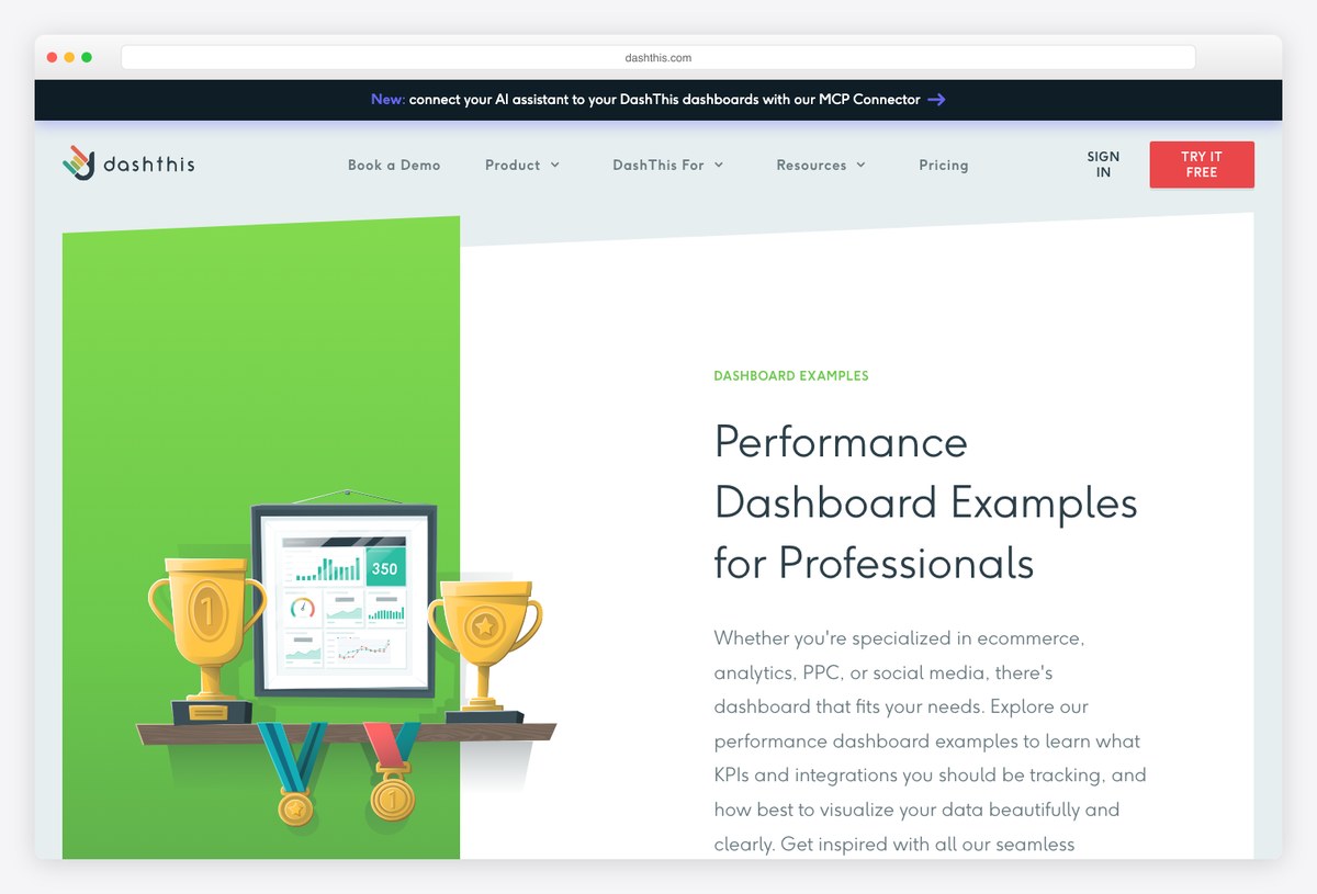 DashThis dashboard example gallery covering marketing channels and client reporting