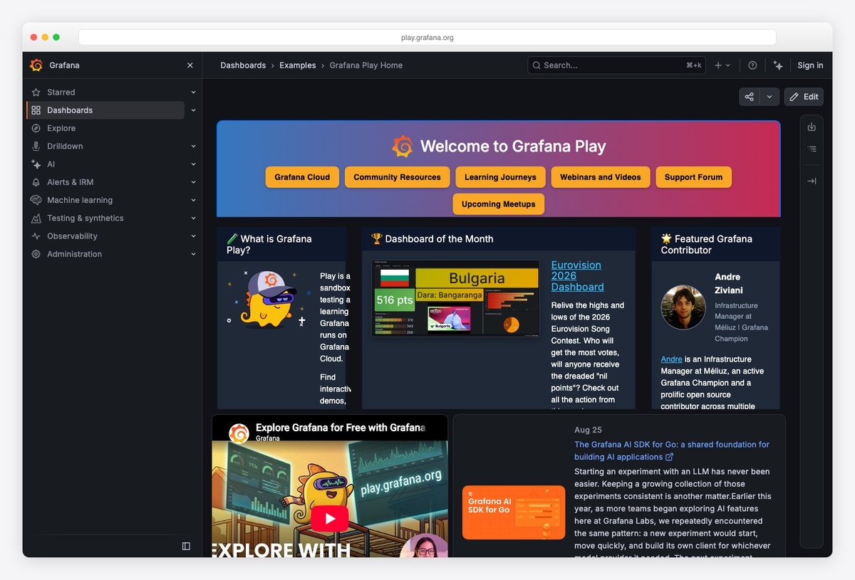 Grafana Play live public instance with browsable example dashboards and panels