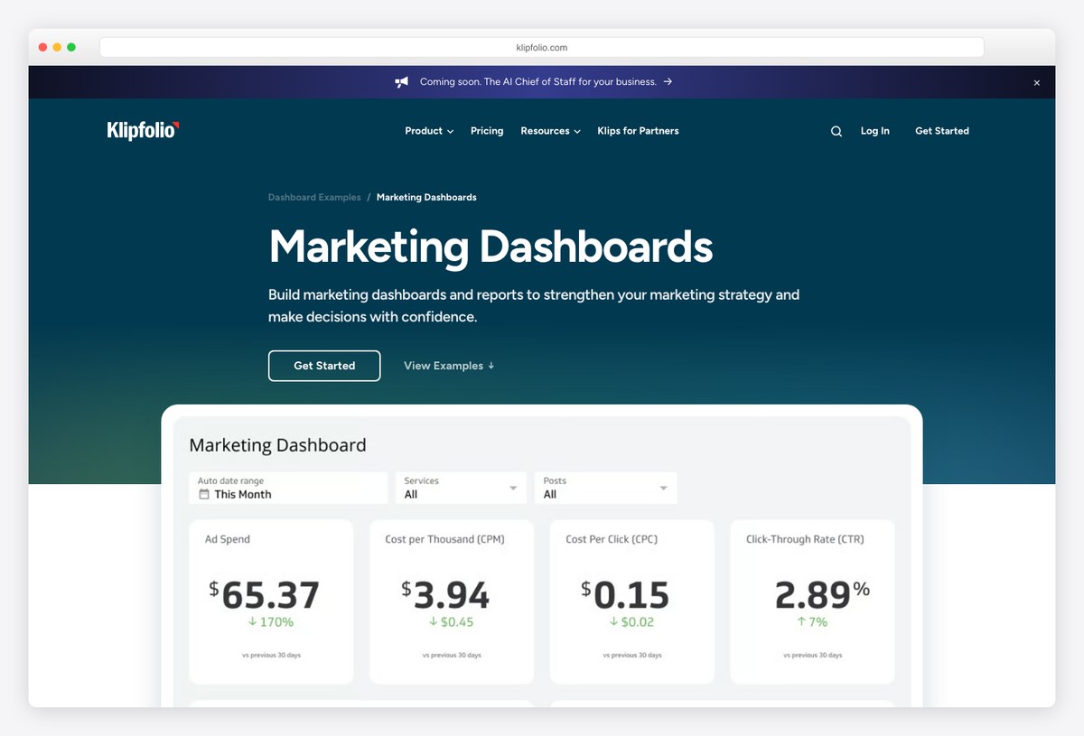 Klipfolio marketing dashboard examples showing campaign and channel performance layouts