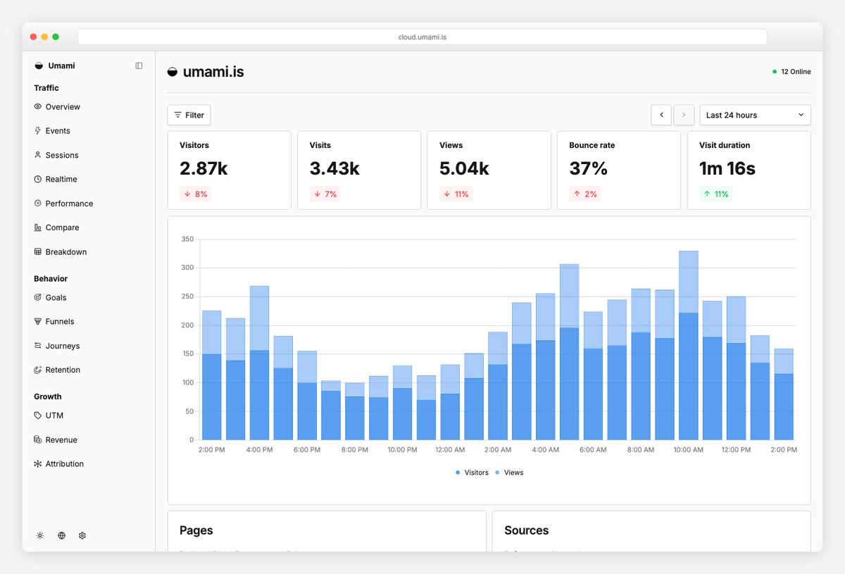 Umami public share dashboard showing referrers, campaigns and page performance for umami.is
