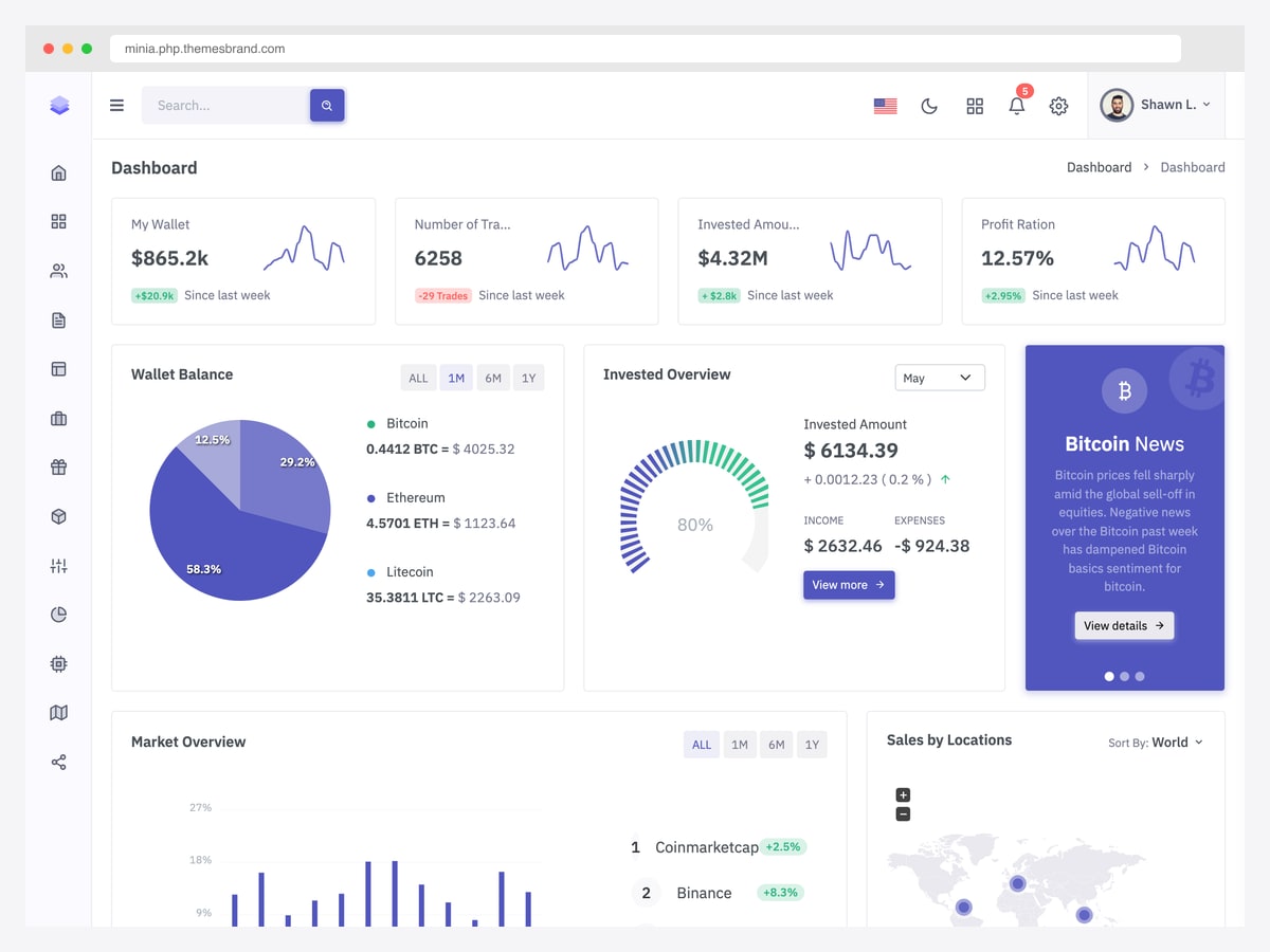 Minia PHP dashboard in a crypto wallet layout with my wallet, transactions, invested amount and profit ratio cards, a wallet balance pie chart and a market overview panel