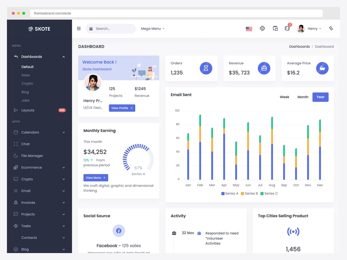 Skote dashboard with a welcome-back profile card, orders, revenue and average price tiles, a monthly earning dial and a stacked email-sent bar chart