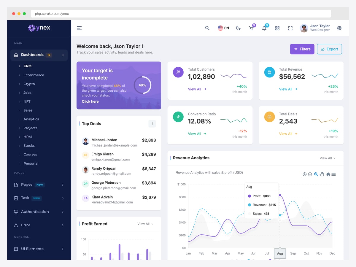 Ynex PHP dashboard in a CRM layout showing target progress, total customers, revenue, conversion ratio and deals cards, a top deals list and a revenue analytics chart