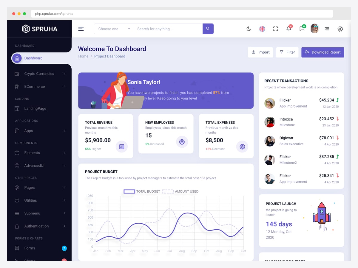 Spruha PHP dashboard with a welcome banner, total revenue, new employees and expenses cards, a project budget line chart and a recent transactions list
