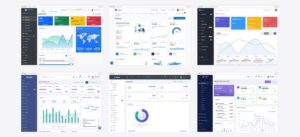 PHP admin dashboard templates collage showing AdminLTE 4, Tabler, CoreUI, Velzon, UBold and Ynex dashboards