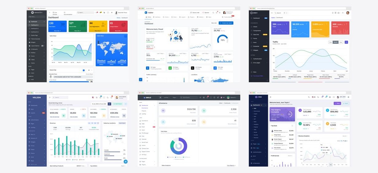 PHP admin dashboard templates collage showing AdminLTE 4, Tabler, CoreUI, Velzon, UBold and Ynex dashboards