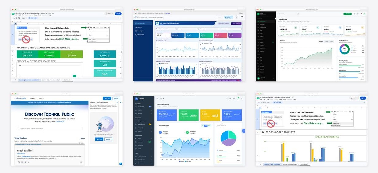 The best reporting dashboard templates — collage of six template screenshots