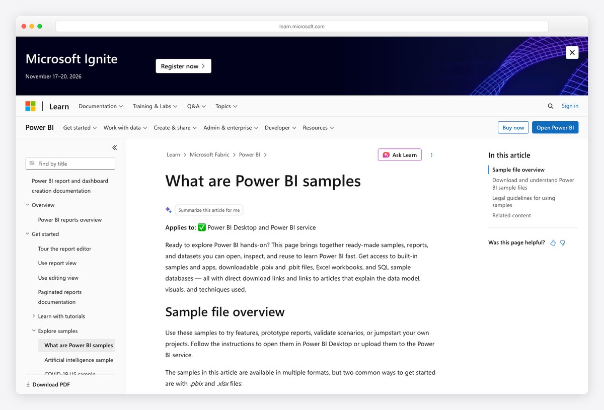 Microsoft Power BI built-in sample reports and datasets documentation listing free downloadable report files