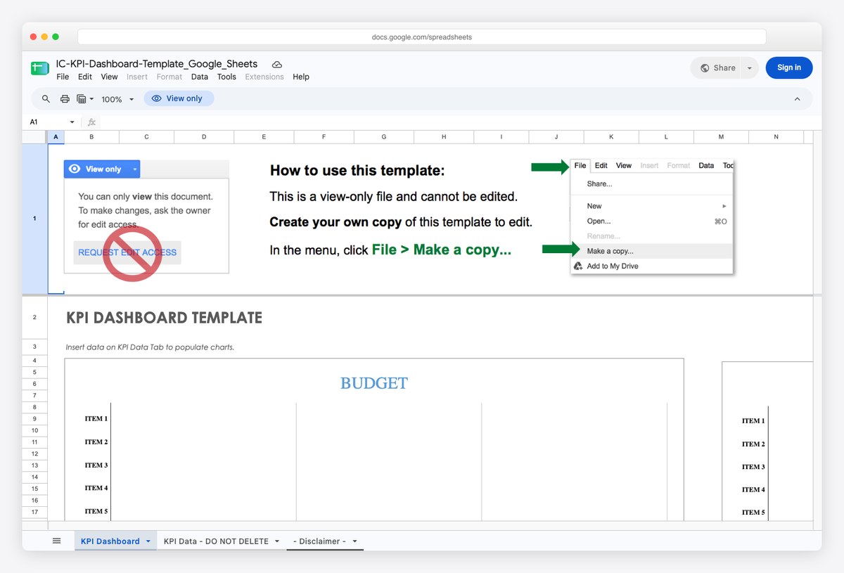 KPI dashboard report template for Google Sheets by Smartsheet, showing metric rows with targets and variance