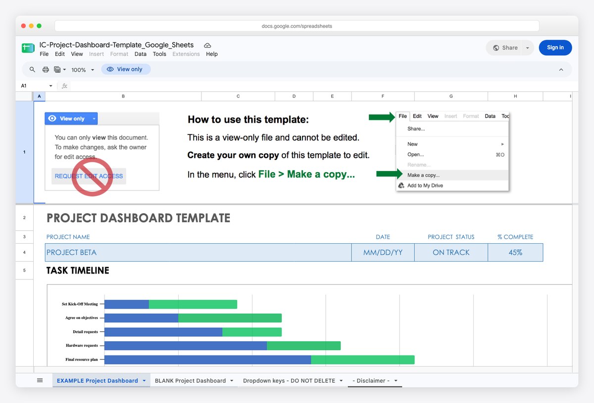 Project dashboard report template for Google Sheets by Smartsheet with task status and milestone tracking