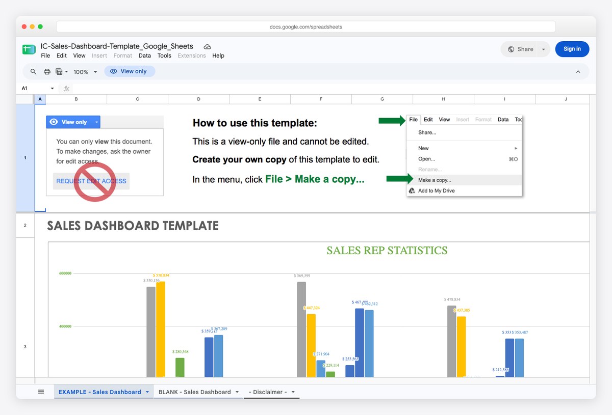 Sales dashboard report template for Google Sheets by Smartsheet with pipeline and quota tracking