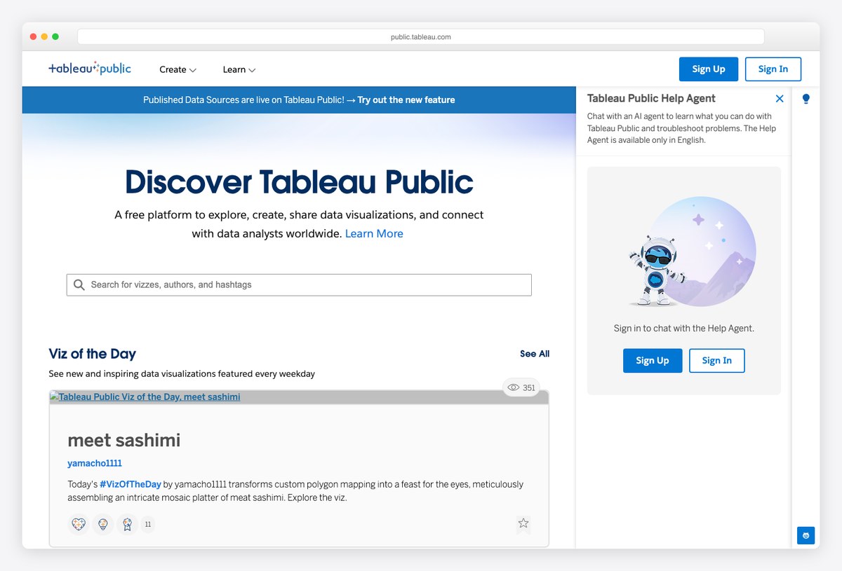 Tableau Public discover gallery showing thousands of published interactive dashboards and reports