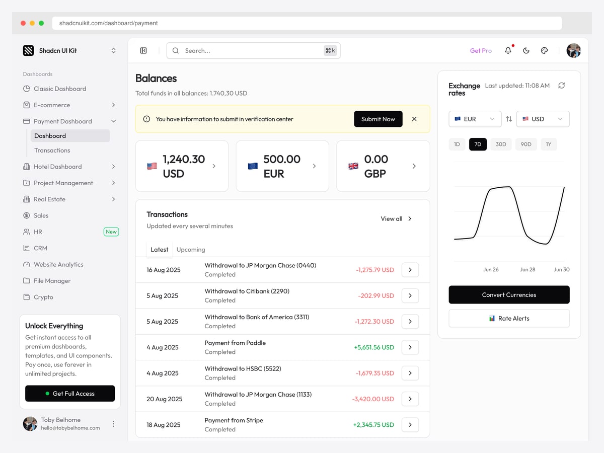 Payments dashboard showing multi-currency balances, a transaction ledger with completed payouts and receipts, and a live exchange-rate panel