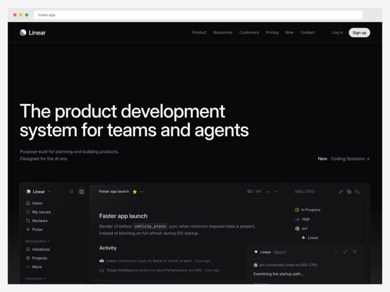 Linear landing page with a dark hero, two-line value proposition and the product interface shown directly beneath
