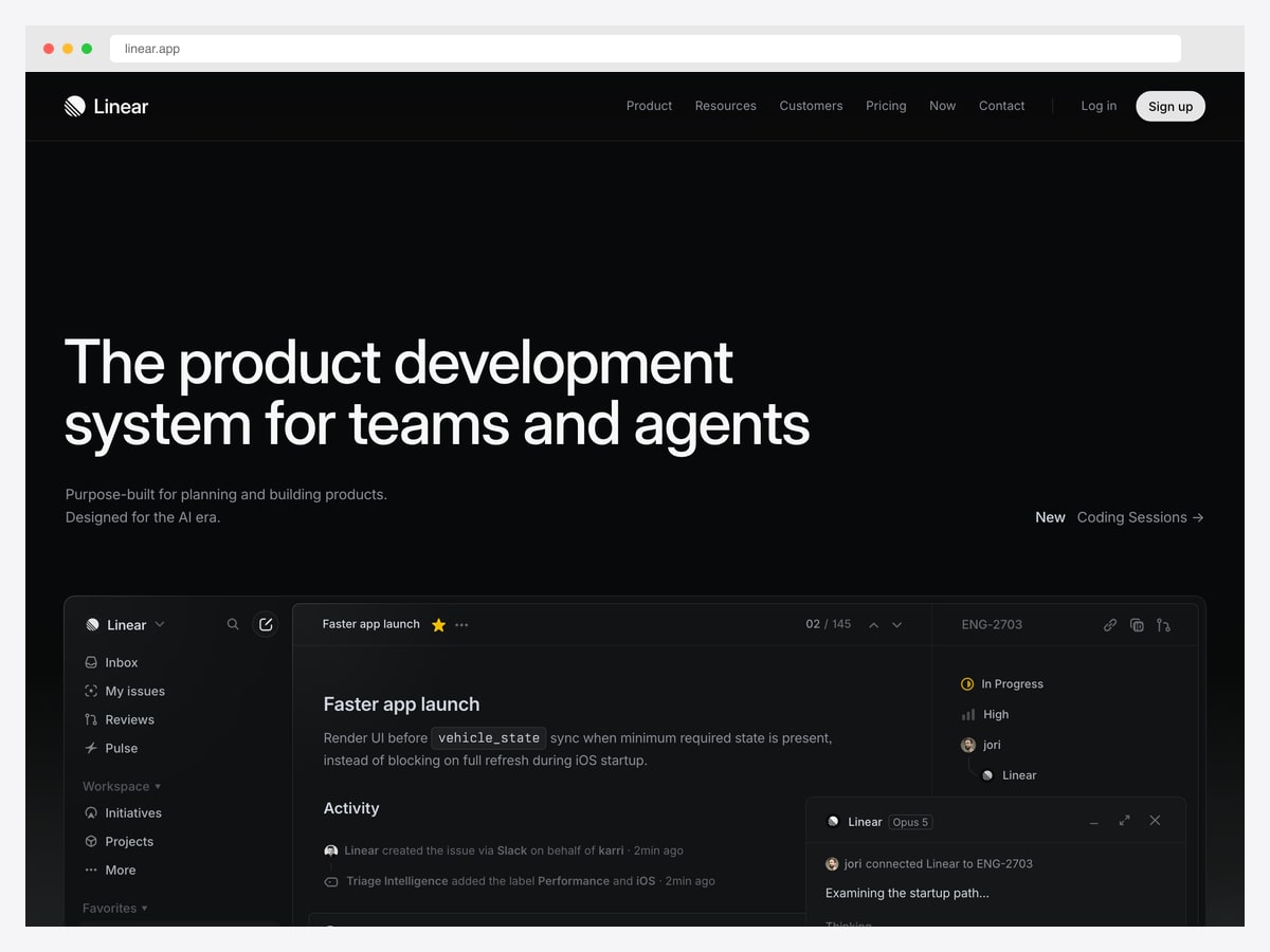 Linear landing page with a dark hero, two-line value proposition and the product interface shown directly beneath