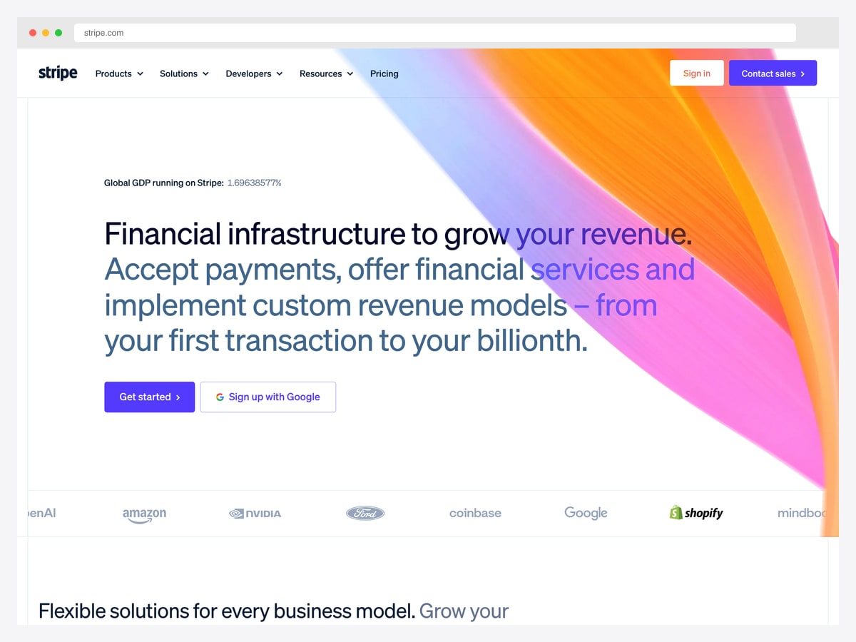 Stripe landing page with a gradient hero, a long-form value proposition sentence and a customer logo wall
