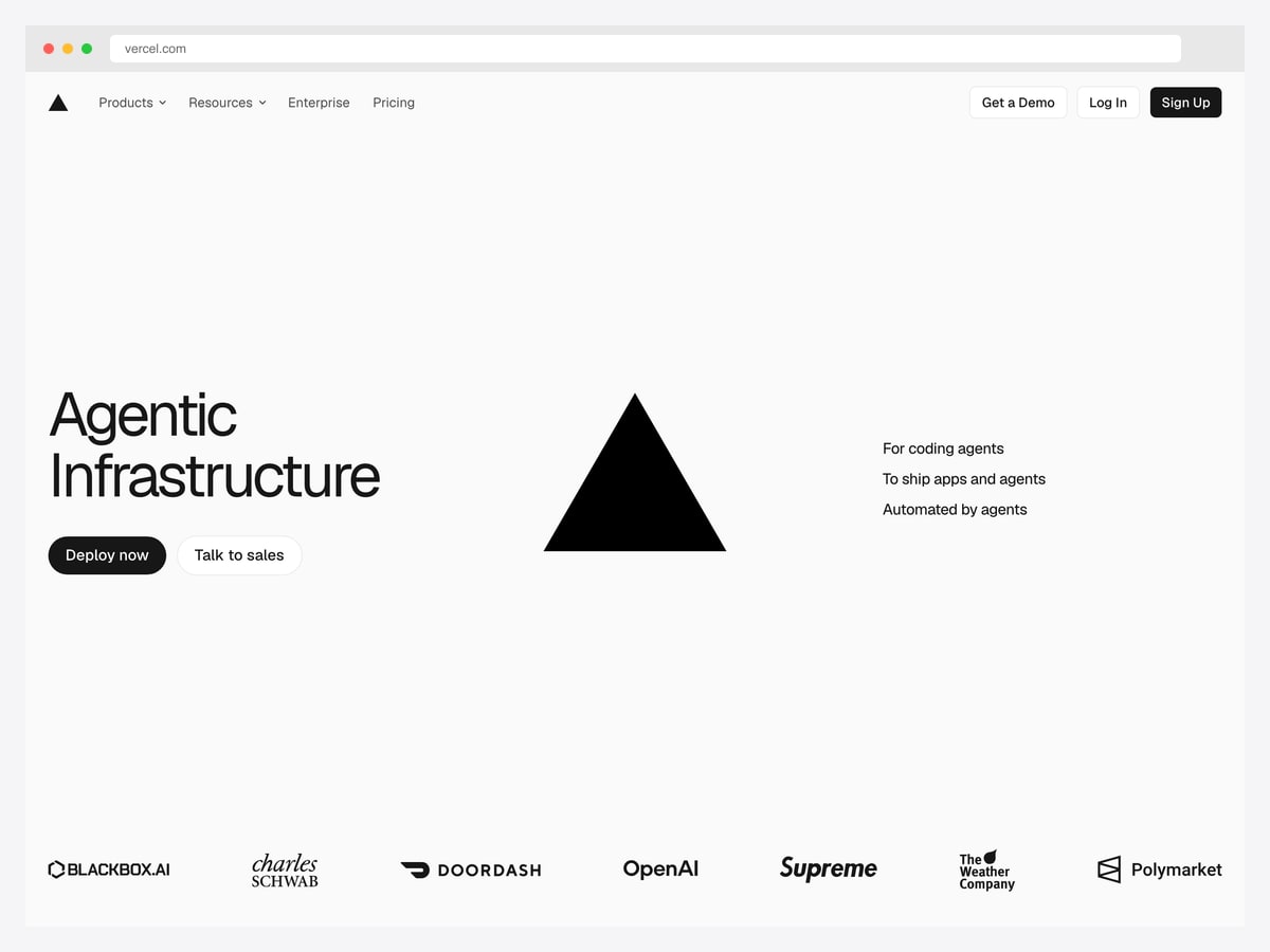 Vercel landing page with a two-word headline, two calls to action and a customer logo row