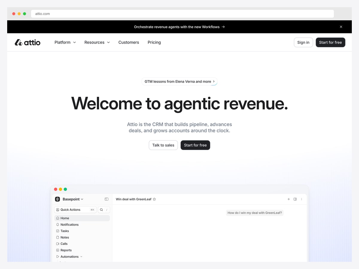 Attio landing page with an announcement bar, centred headline and the product interface below the fold