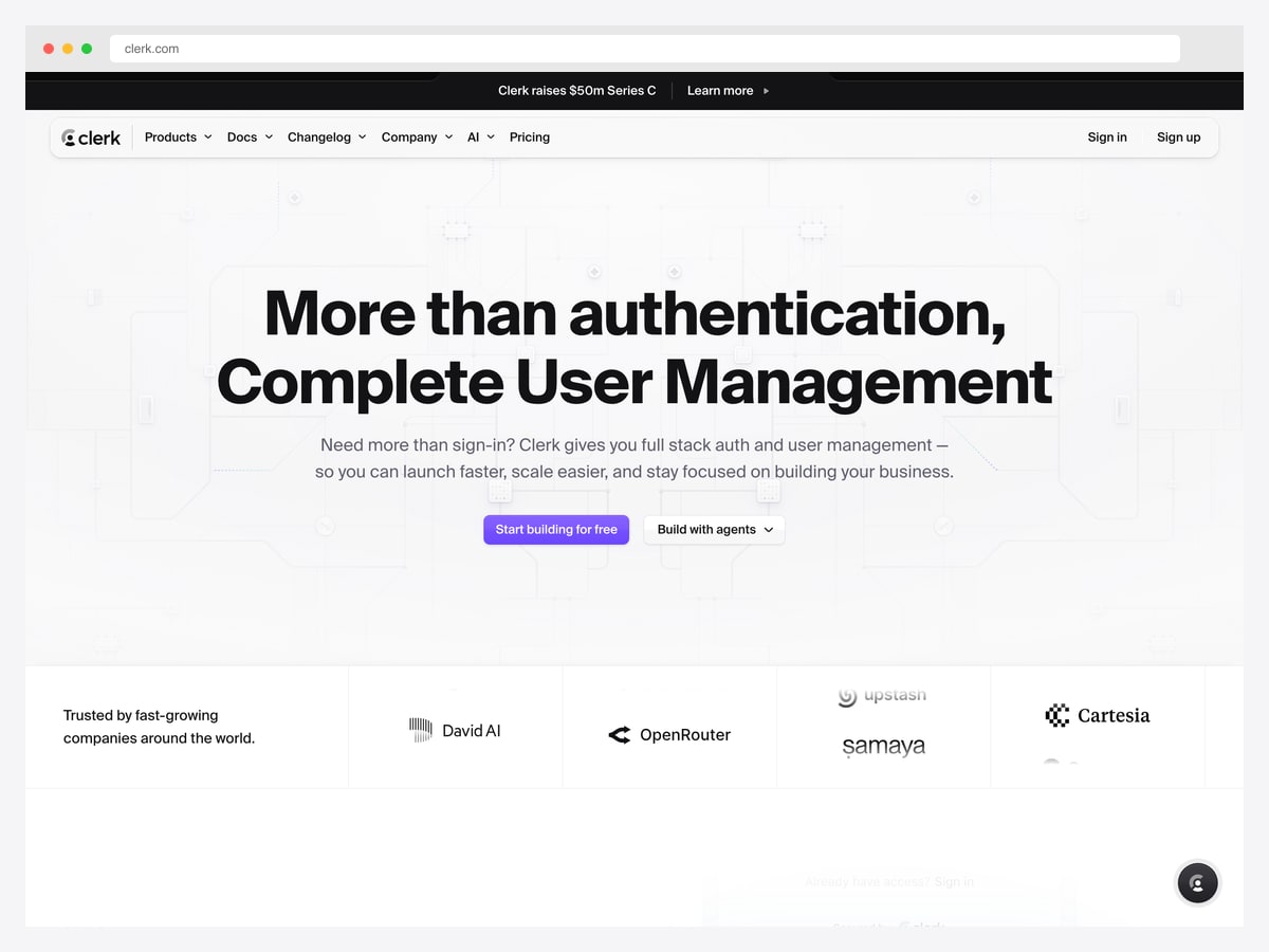 Clerk landing page with a centred headline, primary call to action and a trusted-by customer logo band