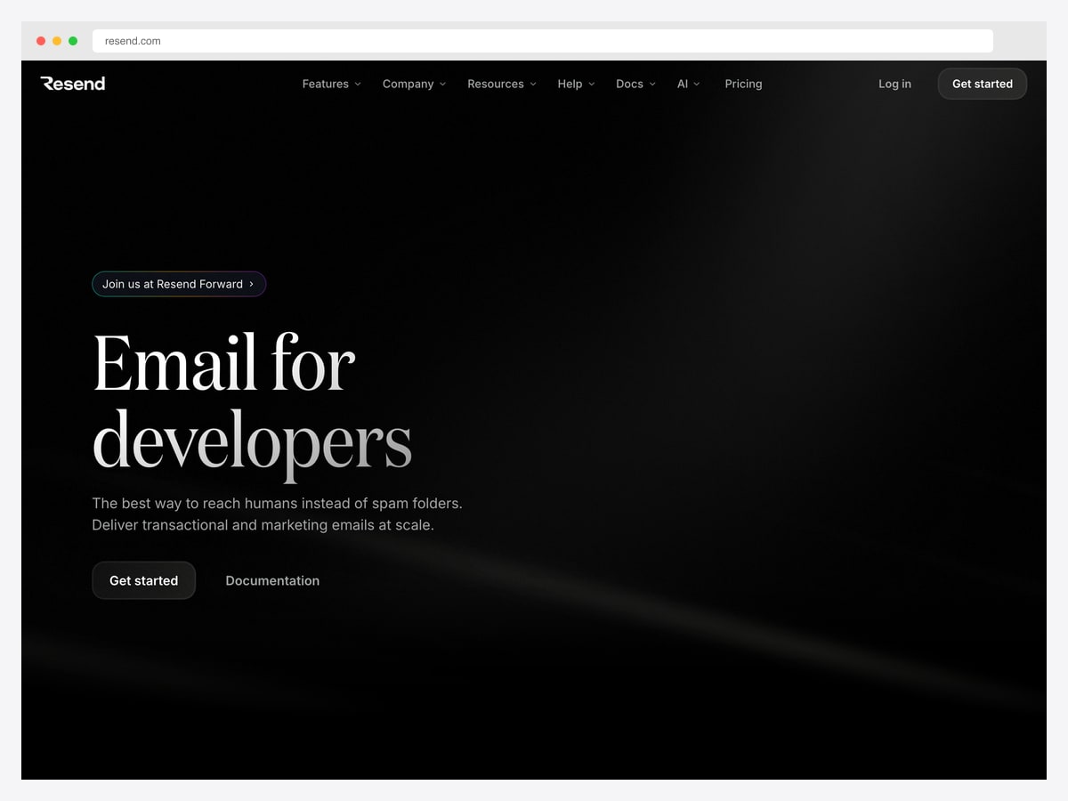Resend landing page using a large serif display headline on a near-black background with two calls to action