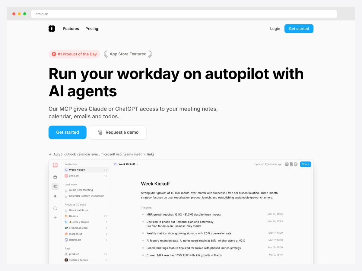 Amie landing page leading with Product Hunt and App Store award badges above the headline and product interface