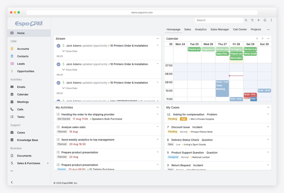 EspoCRM public demo showing its built-in sales dashboard with pipeline, opportunities and activity streams