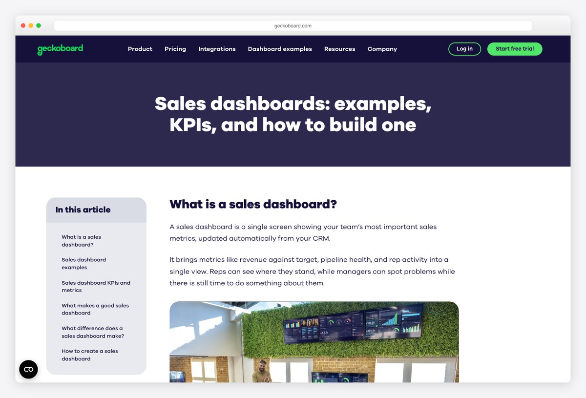 Geckoboard sales dashboard examples designed for team screens with large headline numbers