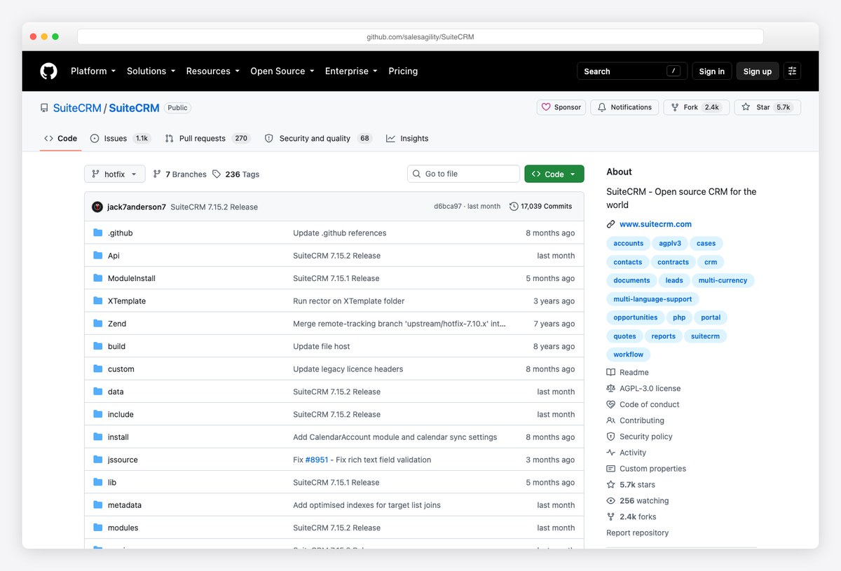 SuiteCRM open-source CRM repository on GitHub, the deepest free CRM for sales forecasting and reporting