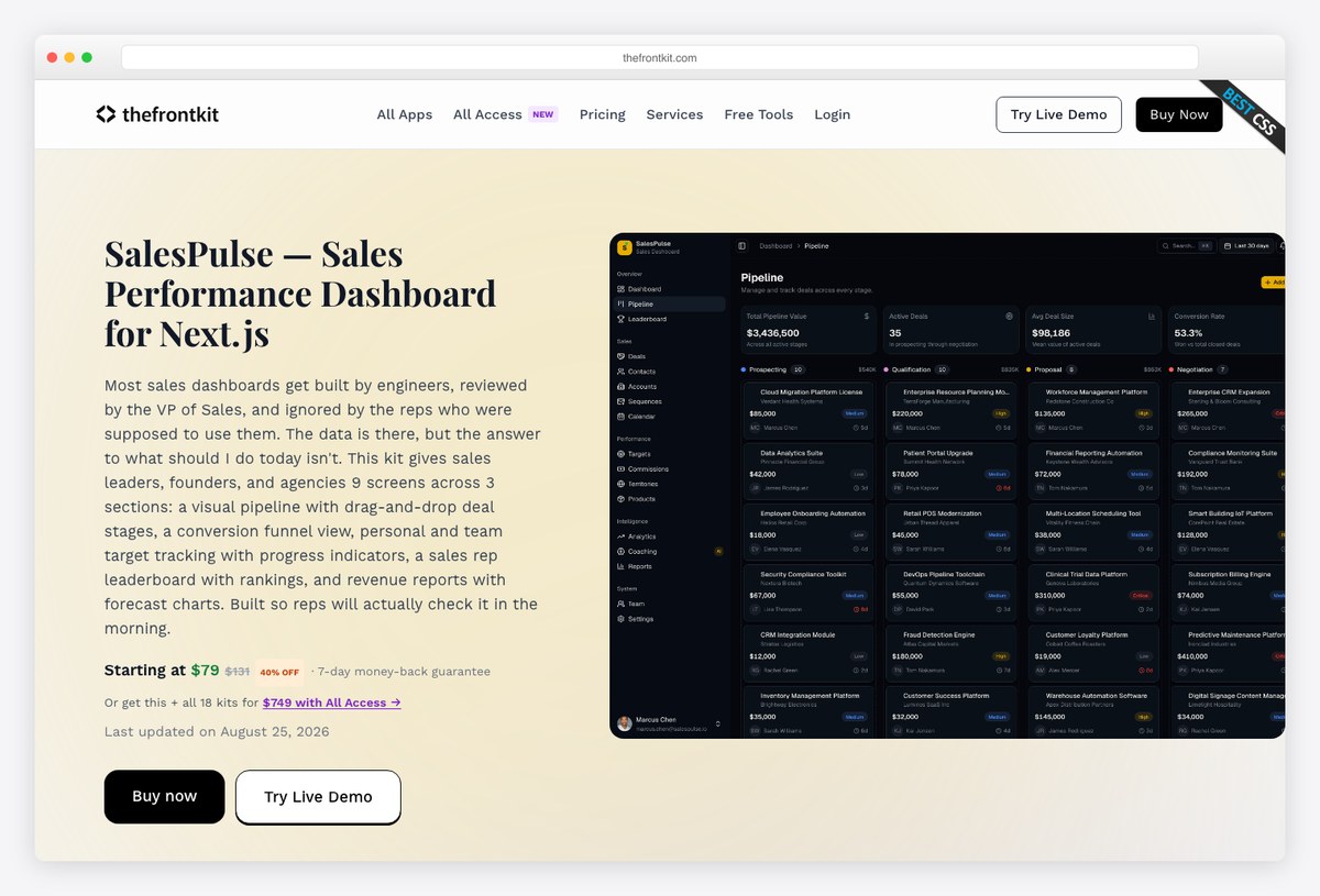 TheFrontKit Sales Dashboard Kit premium Next.js and shadcn sales dashboard template