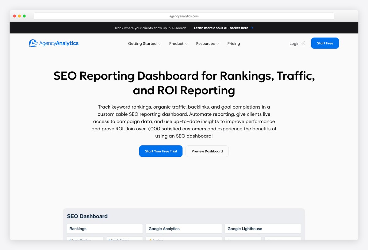 AgencyAnalytics SEO dashboard template for agencies with rank tracking and Search Console widgets