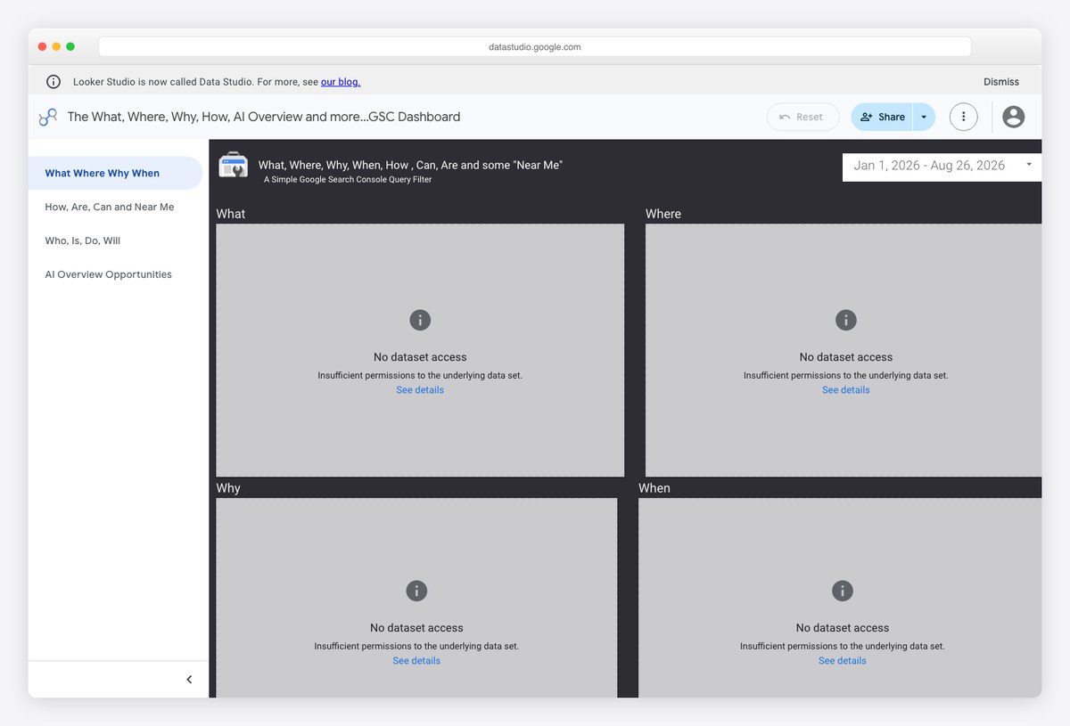 The What, Where, Why, How and AI Overview Google Search Console dashboard by Andy Simpson in Looker Studio