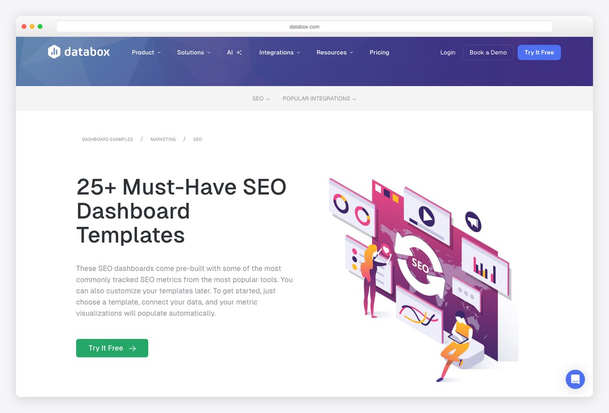 Databox SEO dashboard template gallery showing prebuilt Search Console, Semrush and Ahrefs dashboards