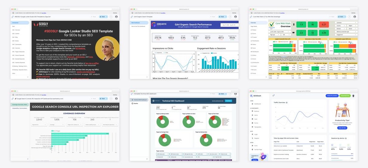 The best seo dashboard templates — collage of six template screenshots