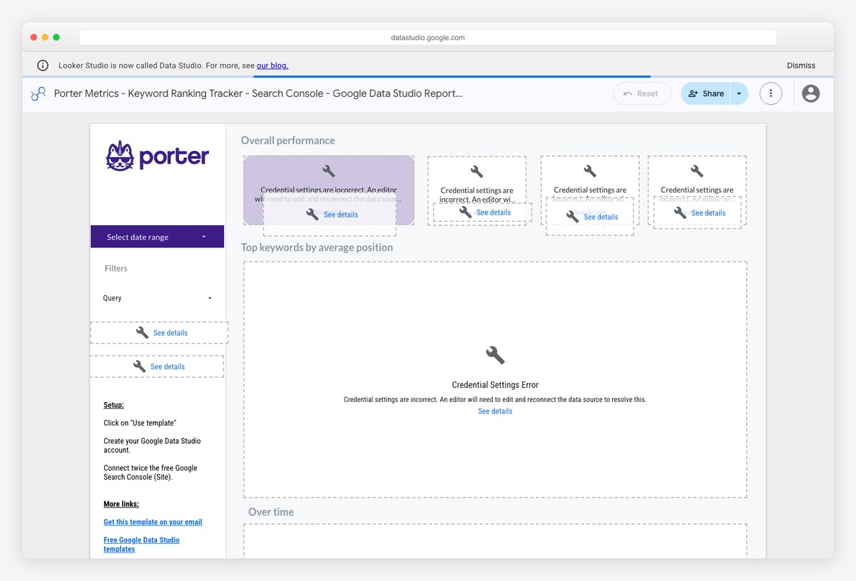 Porter Metrics keyword ranking tracker Looker Studio template built on the free Google Search Console connector