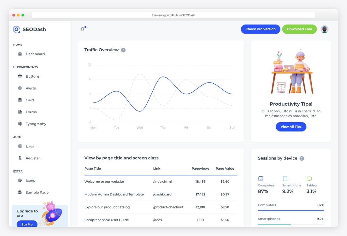 SEODash free Bootstrap 5 SEO dashboard HTML template with ApexCharts traffic graphs