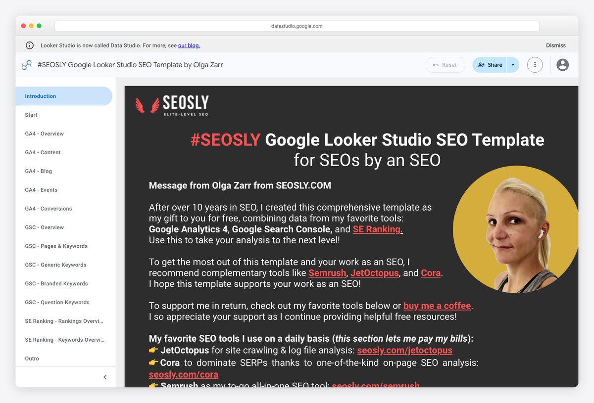 SEOSLY free Looker Studio SEO template by Olga Zarr showing Search Console clicks, impressions and CTR