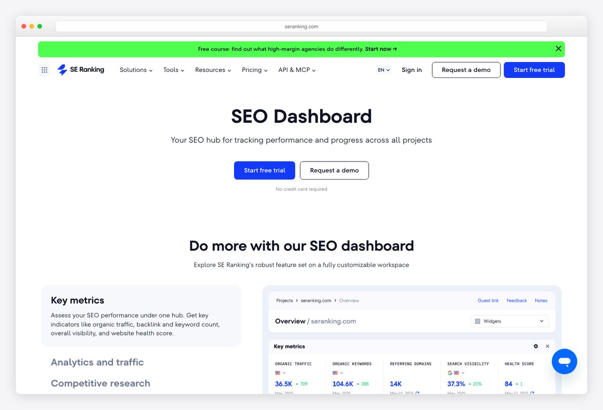 SE Ranking SEO dashboard product page showing its rank tracking and site audit reporting views