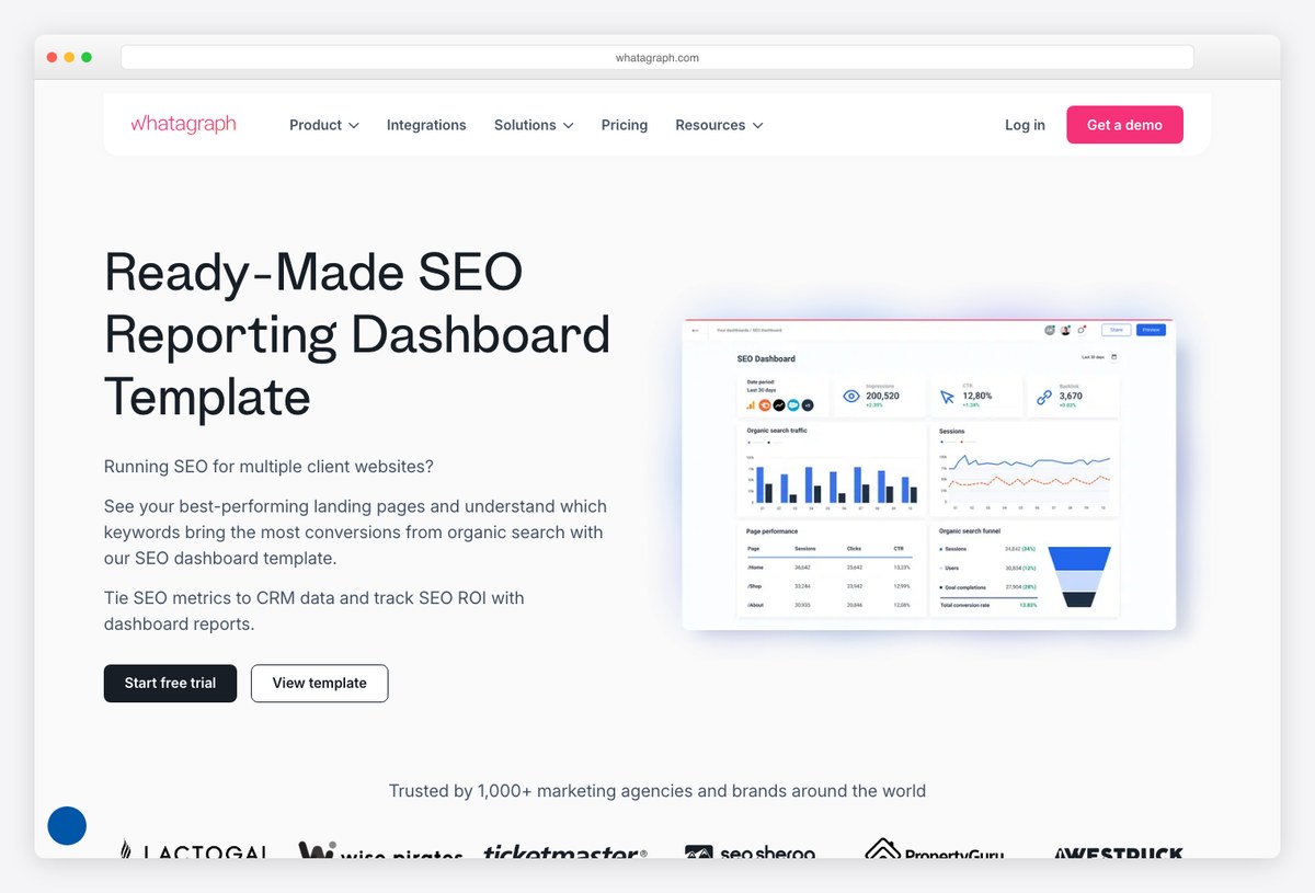 Whatagraph SEO dashboard template page showing its client-facing SEO report layout