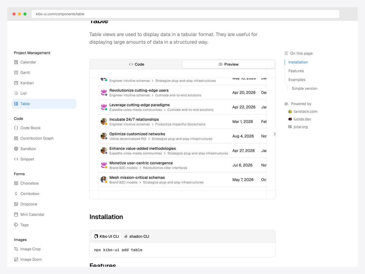 Kibo UI table component documentation showing a data table of project rows with avatars, nested labels and dates, above its installation command