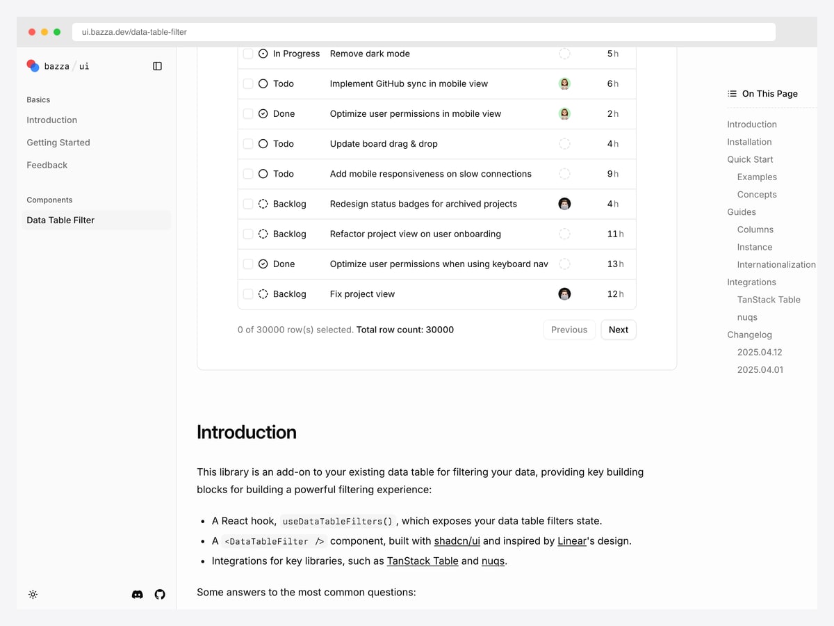 bazza/ui data table filter demo showing a task table with status icons, assignee avatars and estimated hours, reporting a total row count of 30,000 with pagination