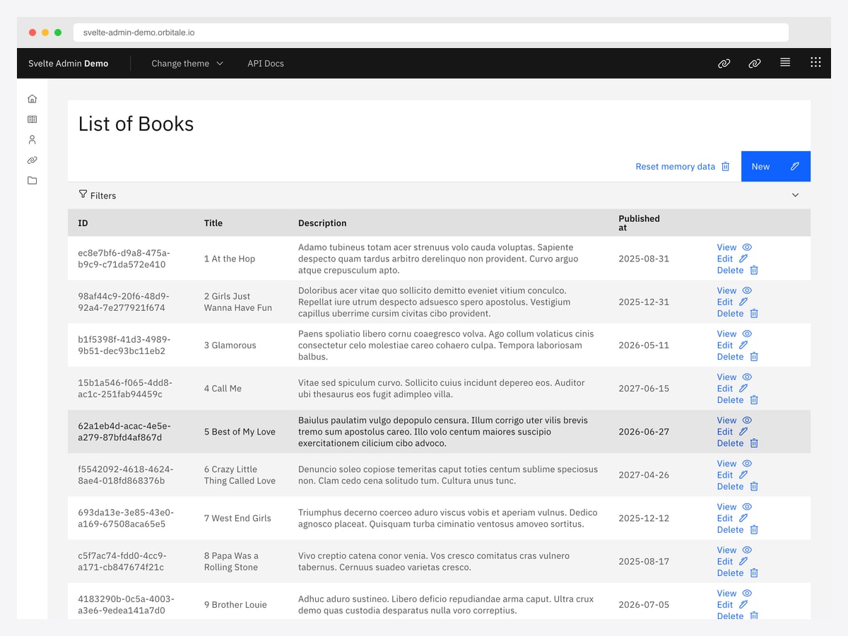 Orbitale SvelteAdmin generated CRUD list of books with filters and view, edit and delete row actions