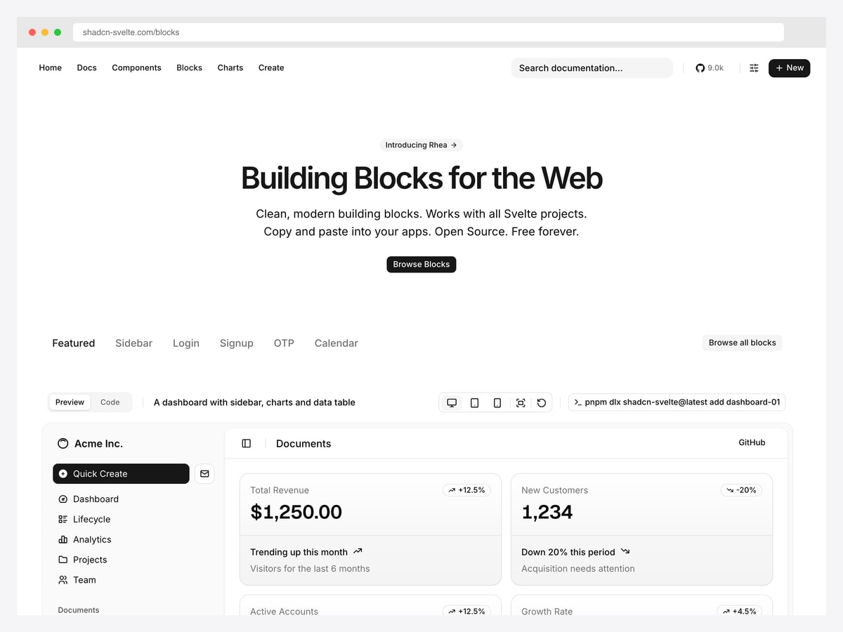 shadcn-svelte Blocks - free copy-paste SvelteKit dashboard block with sidebar, charts and data table