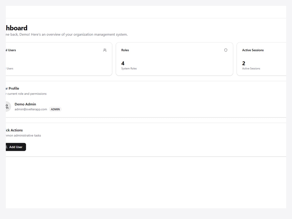 SvelterApp dashboard showing total users, system roles and active sessions with audit log navigation