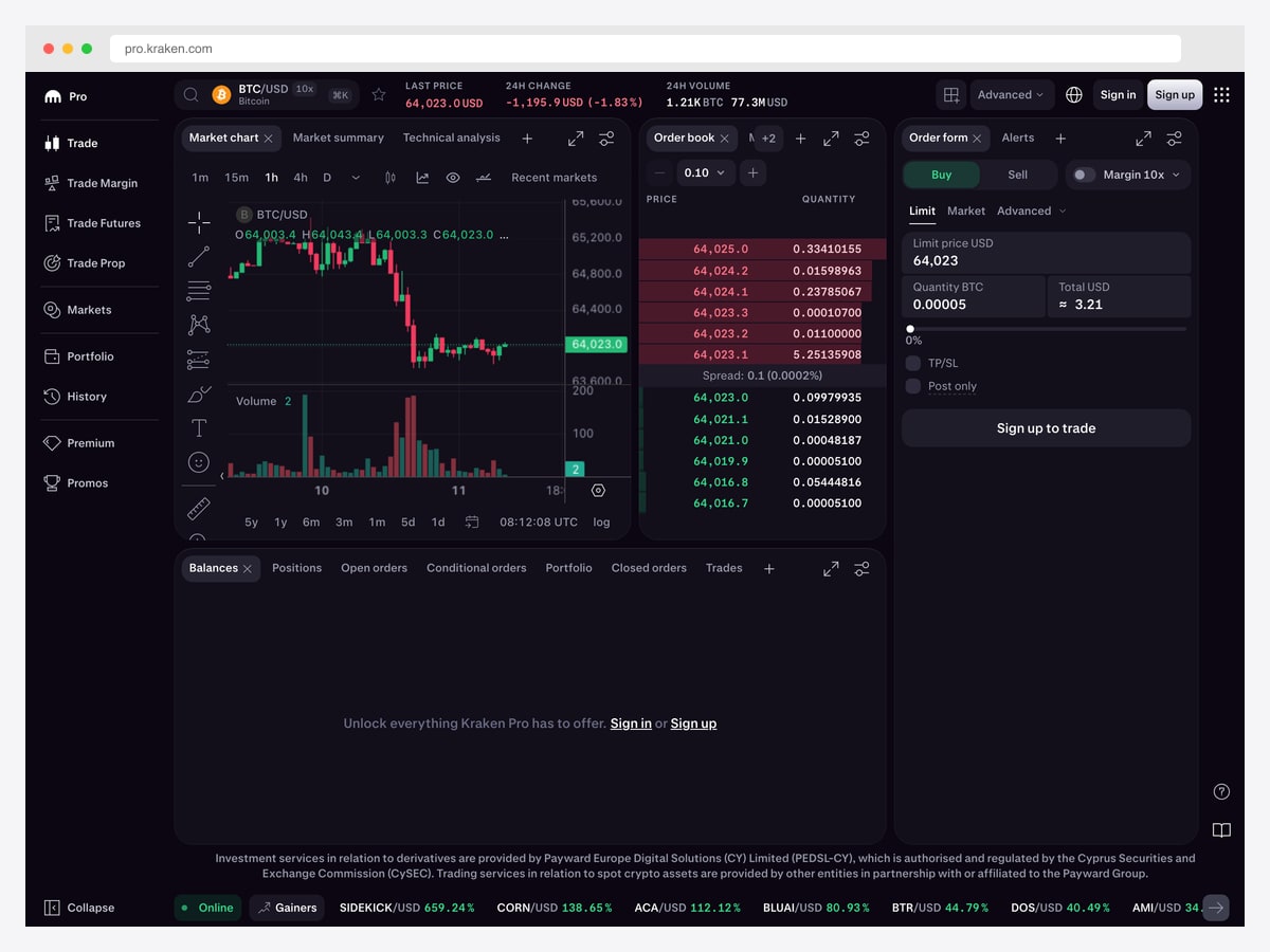 Kraken Pro trading workspace built from detachable panels for market chart, order book, order form and balances