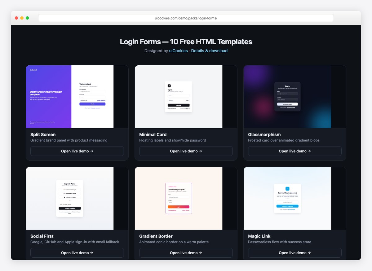 uiCookies free login form templates in HTML and CSS
